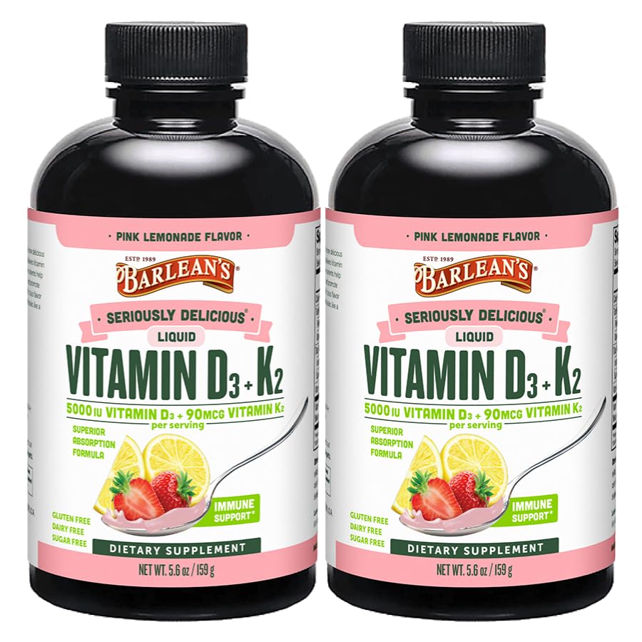 Barleans paket med 2 vitamin D3 + K2 Liquid Supplement för barn och vuxna, 5000 IE Vitamin D, Rosa Lemonade, Non-GMO, Gluten och Dairy Free, 5,6 oz Varje