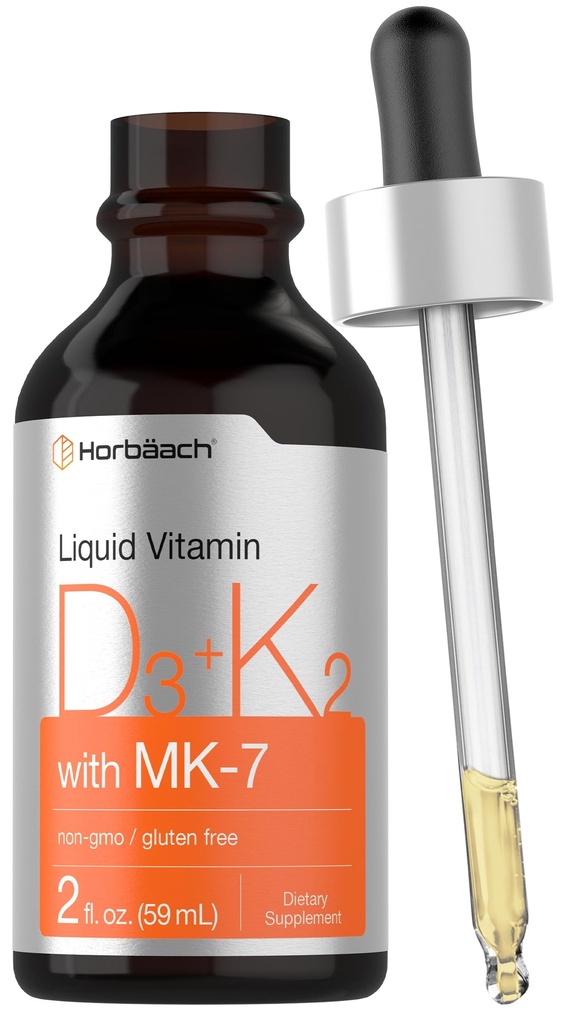 Horbäach vitamin D3 K2 flytande droppar | med MK7 | 2 Fl Oz | Vegetarisk, icke-GMO, Glutenfri tillägg