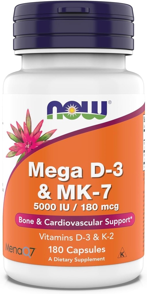 Nu Kosttillskott, Mega D-3 & MK-7, 5000 IE / 180 mcg, Bone & Cardiovascular Support *, Vitamins K-3 & K-2, 180 kapslar