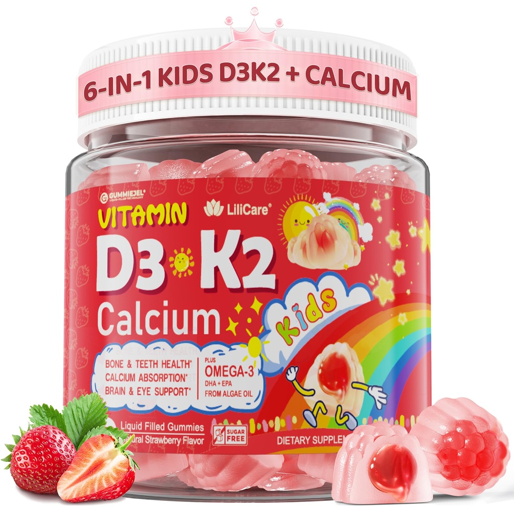 Vitamin D3 K2 + Calcium Liquid-fyllda Gummies for Kids & Teens, 1000IU / 2000IU D3 med Magnesium, Algal Omega 3, Kids Vitamins för Bones & Teeth, Calcium Absorption, Brain, Immune, Sugar-Free, 60Cts