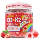 Vitamin D3 K2 + Calcium Liquid-fyllda Gummies for Kids & Teens, 1000IU / 2000IU D3 med Magnesium, Algal Omega 3, Kids Vitamins för Bones & Teeth, Calcium Absorption, Brain, Immune, Sugar-Free, 60Cts