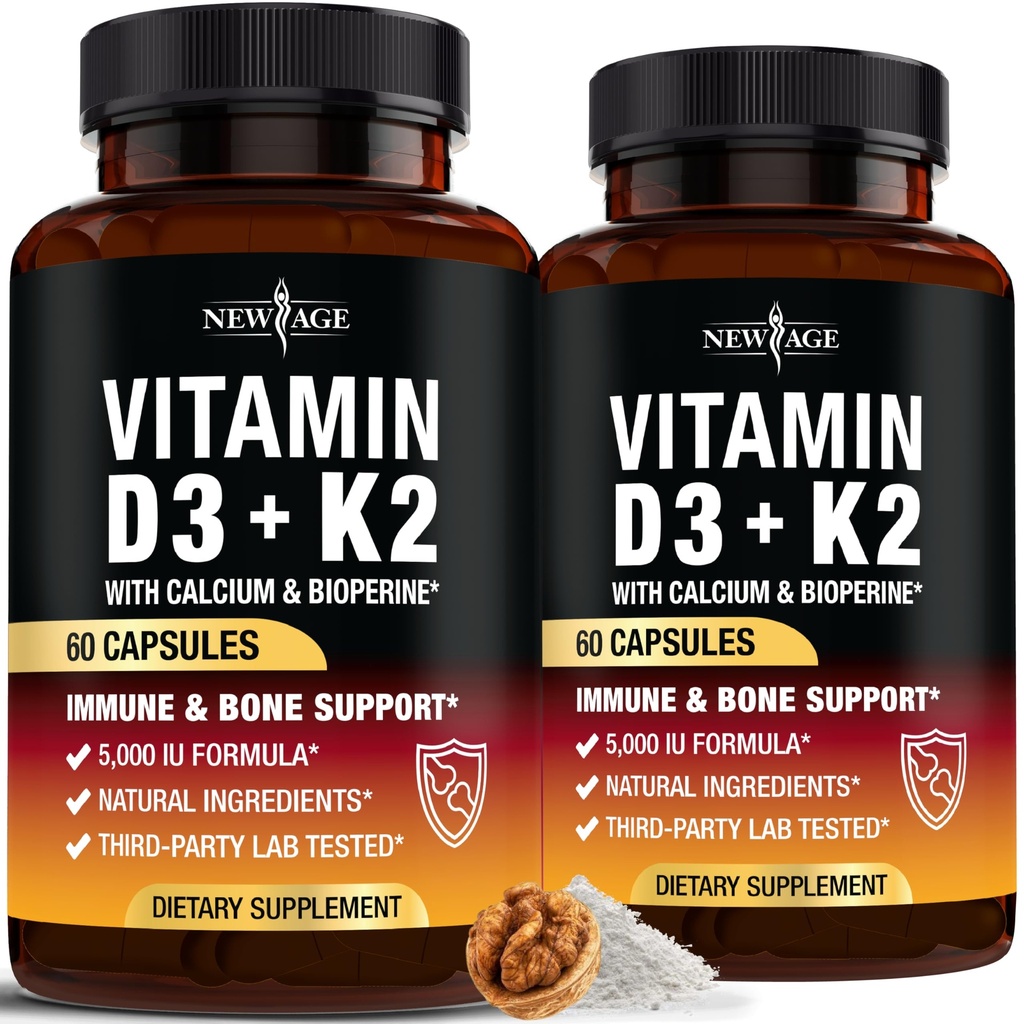 NEW AGE Vitamin D3 5,000 IE + K2 MK-7 100 mcg - 2-i-1 ben, Immune & Heart Support, Lätt att svälja, icke-GMO - 120 kapslar