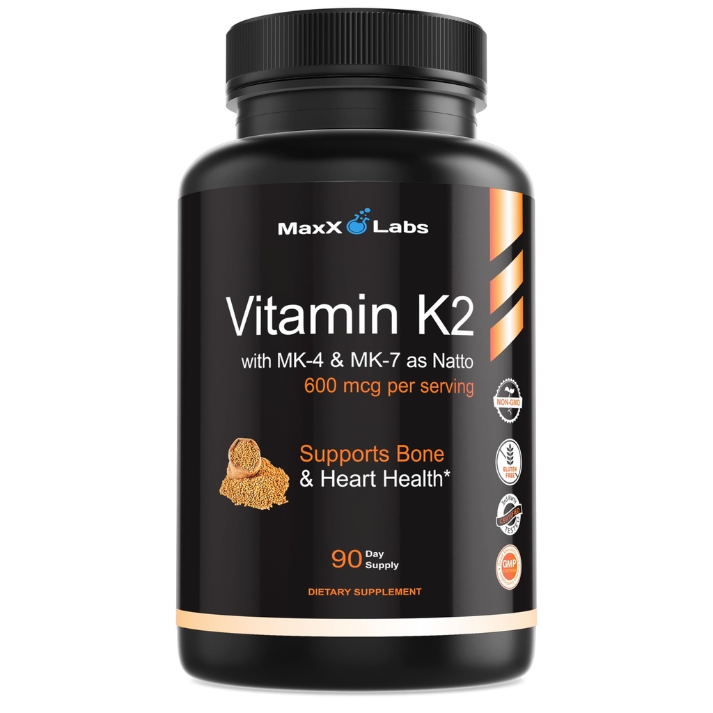Vitamin K2 Supplement - Full Spectrum Vitamin K2-MK7, MK4 & Vitamin D - Hög styrka K2 Fungerar med vitamin-D3 - Vitamin-K 600mcg - Stöder Benhälsa - 90 kapslar