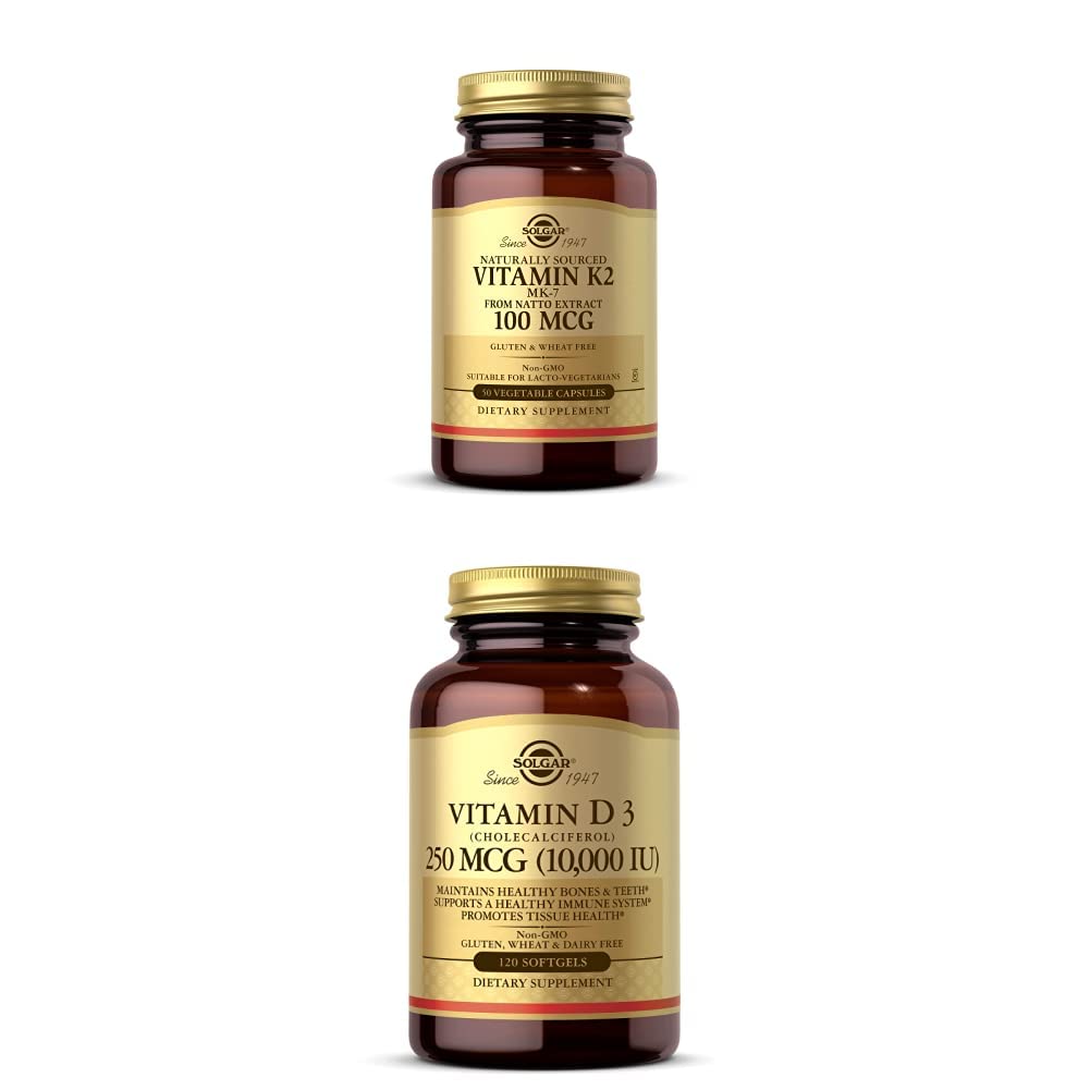 Solgar Vitamin K2 (MK-7) 100mcg, 50 Vegetable Capsules - Stöder Bone Health Vitamin D3 (Cholecalciferol) 250 MCG (10.000 IE), 120 Softgels - Immune System Support