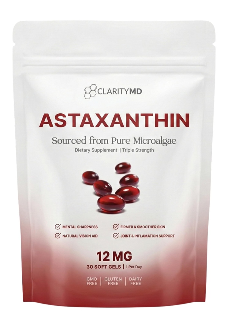 Astaxanthin 12mg Antioxidanter Supplement - Natural Microalgae Source - Lipid-Based Softgel för förbättrad absorption - Kognitiv, Vision & Joint Support - 30 Softgels (Pack av 1)