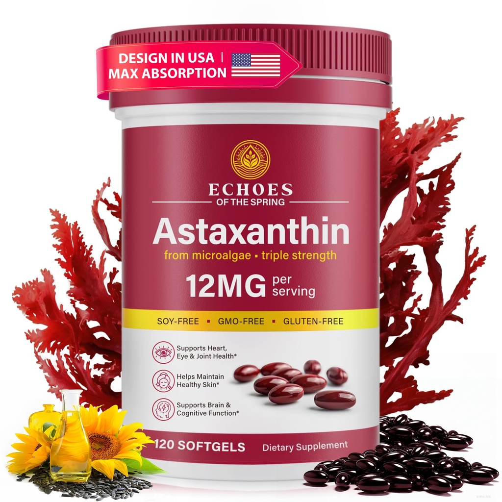 Astaxanthin 12mg - Natural Astaxanthin från Haematococcus Pluvialis, Triple Strength Antioxidant Supplement for Eye, Skin, Joint & Immune Support (120 greve 1)