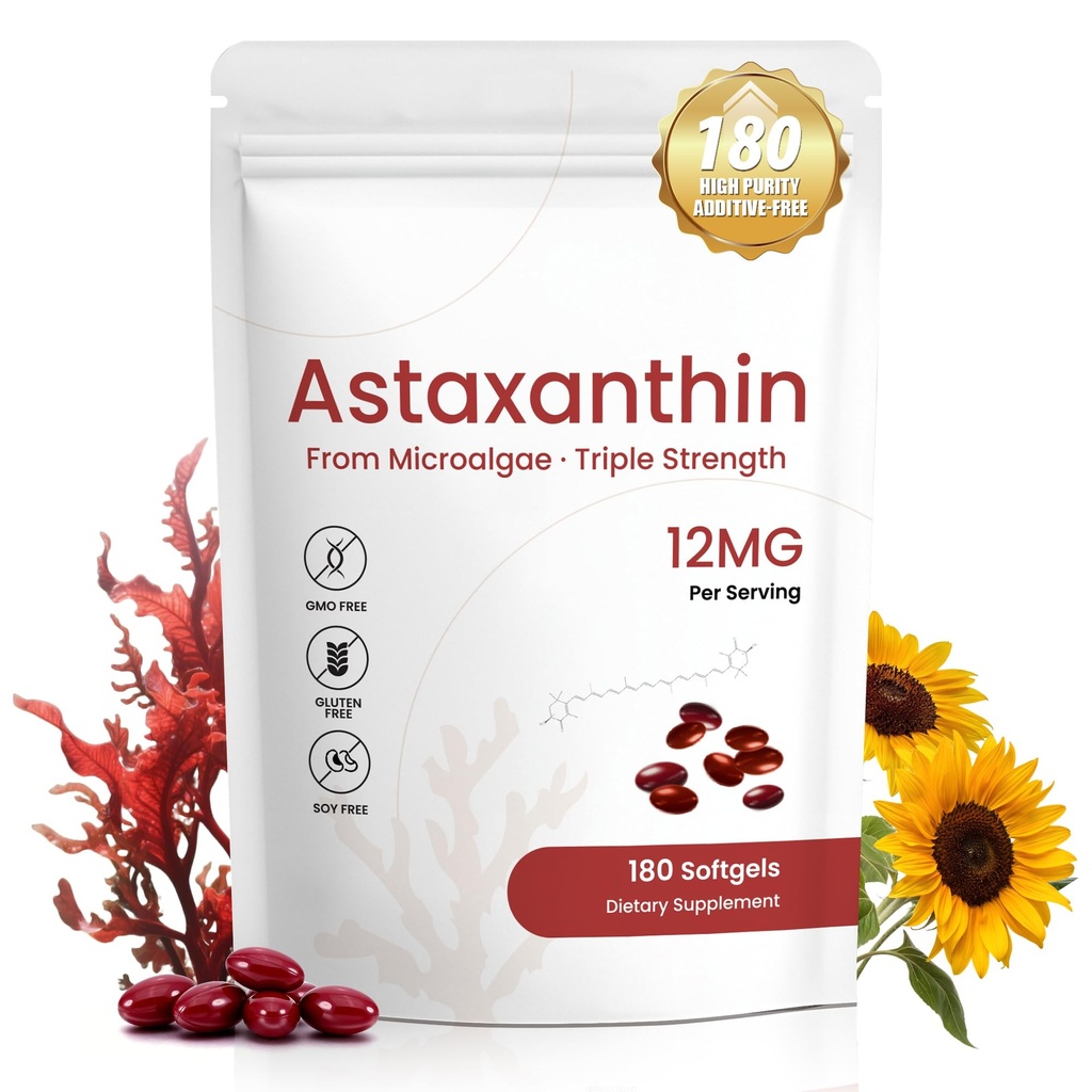 Astaxanthin Supplements 12mg, 180 Softgels, 6 Month Supply | Natural Antioxidant från Fresh Microalgae | Mer stöder öga, hud, gemensam hälsa, icke-GMO