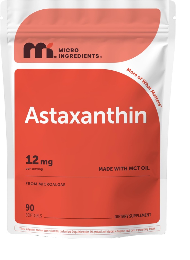 Micro Ingredients Astaxanthin 12mg med MCT Oil, 90 Softgels | Premium Astaxanthin Antioxidant Supplements * | Färsk Microalgae Source | Triple Strength, Non-GMO, Gluten Free, No Soy