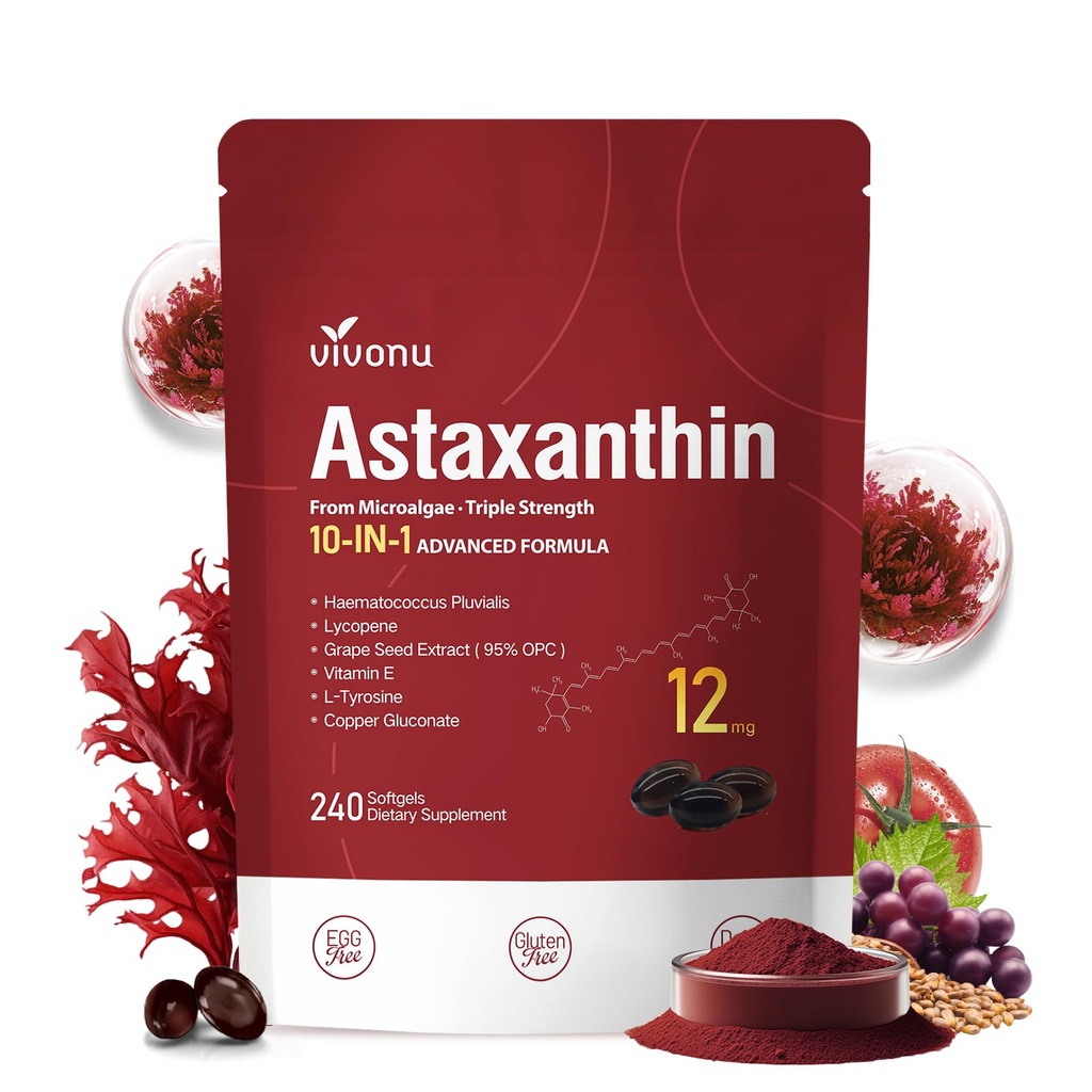 10 i 1 Astaxanthin 12mg Supplements, 4 Month Supply, Astaxantina Antioxidant från Fresh Haematococcus Pluvialis, Innehåller Lycopene, Grape Seed, Vitamin E, & More Supports Eye, Joints, Skin Health