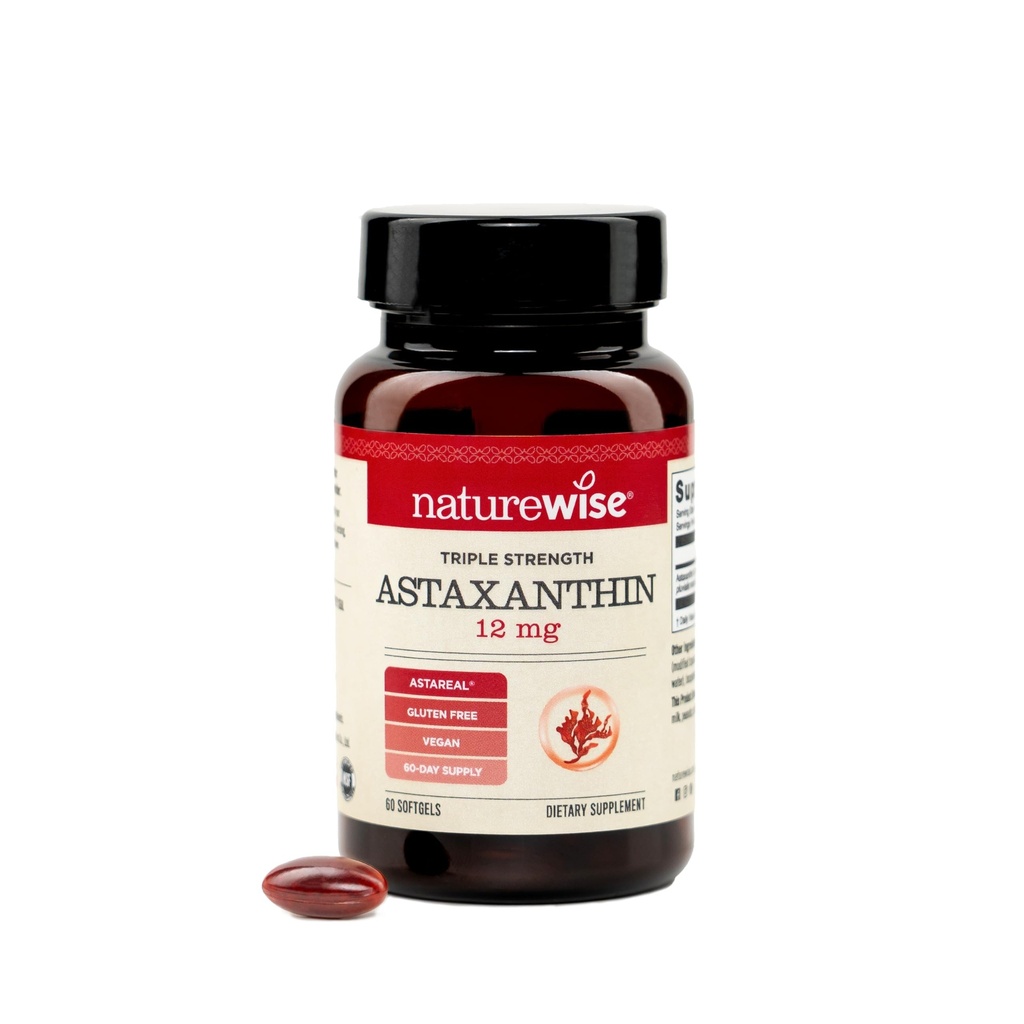 NatureWise Triple Strength Astaxanthin 12mg med AstaReal® - Vegan Antioxidant Supplement med ekologisk kokosnötolja - NSF Certified Gluten Free, Non-GMO - 60 Softgels[60 Dag Supply]