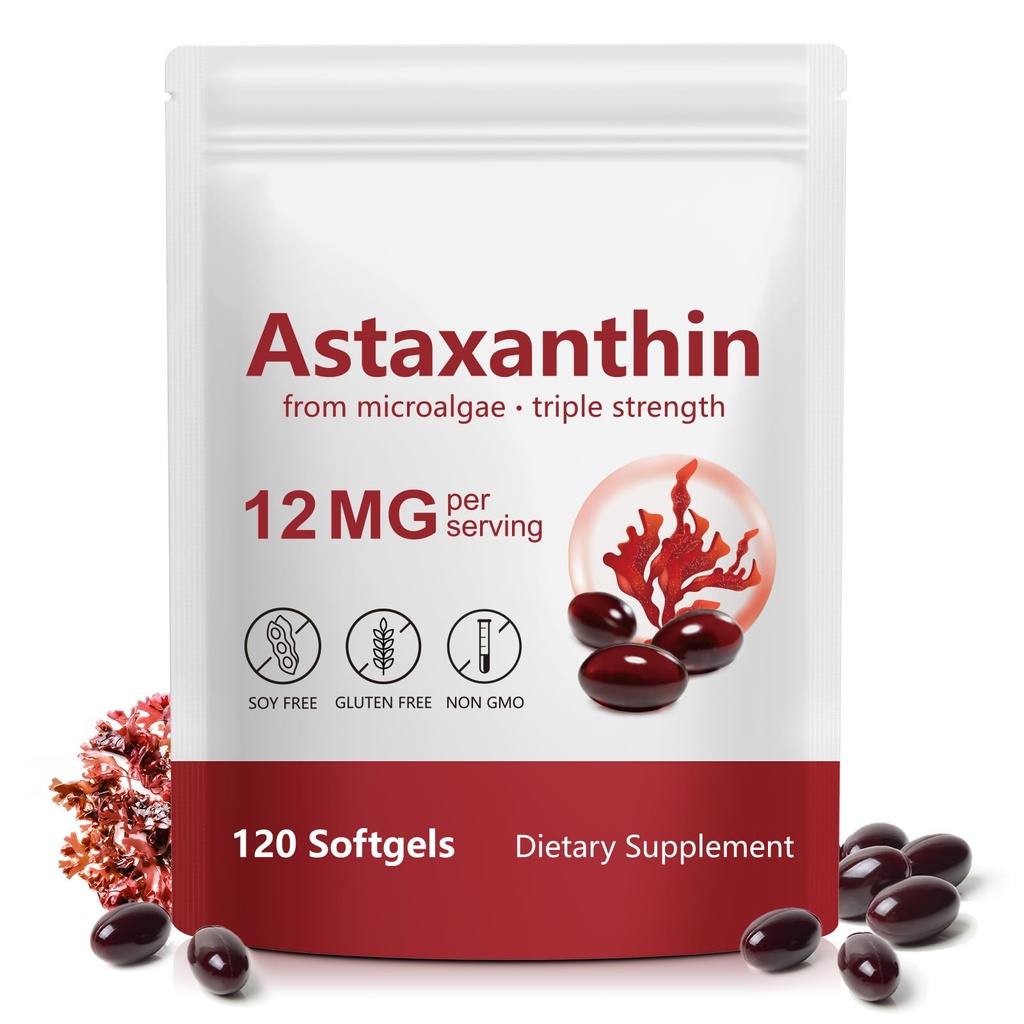 Tiuedu Astaxanthin 12mg, 120 Softgels, 4 Month Supply, Astaxanthin Antioxidant Supplements, stöder öga, gemensam, inre cirkulation, hudhälsa