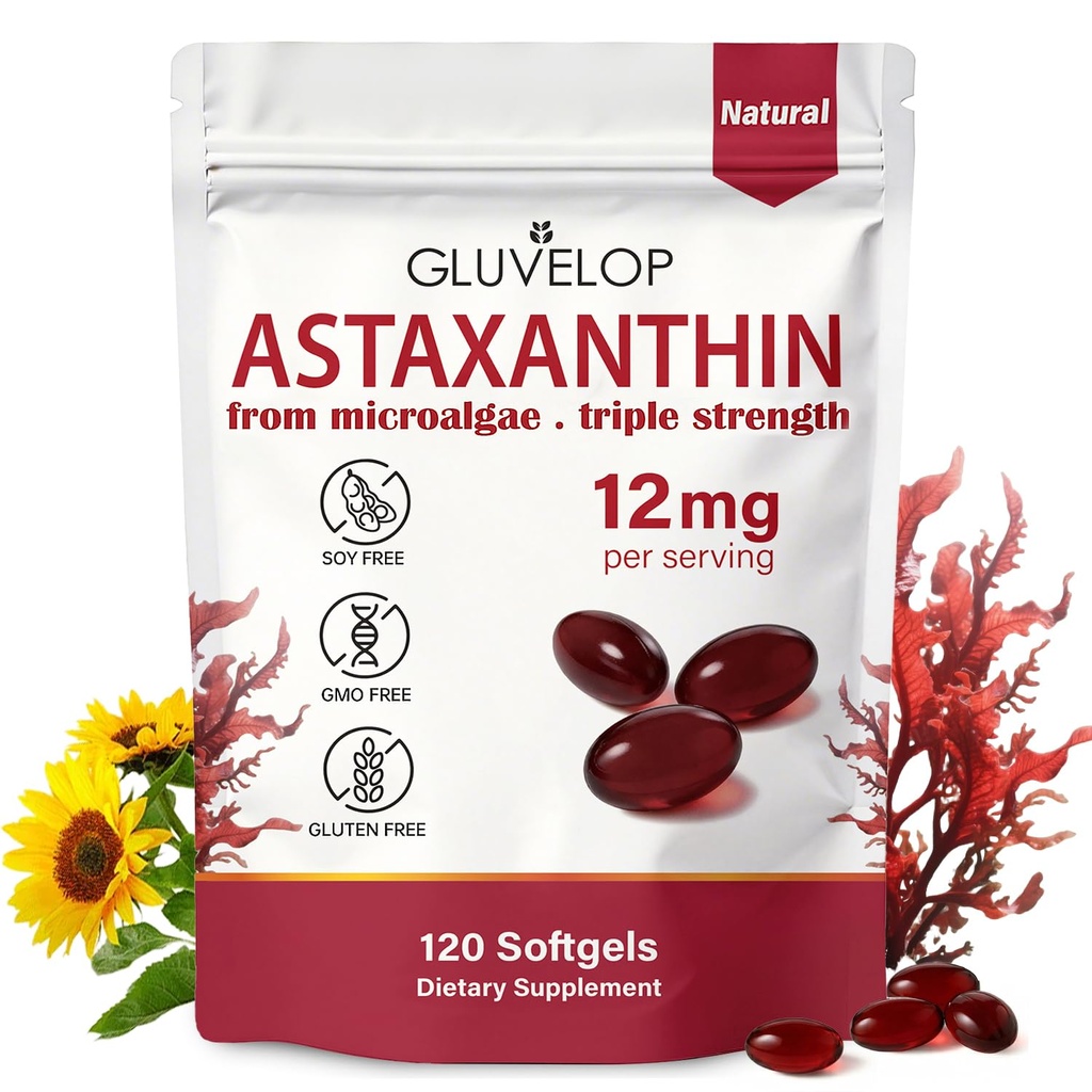 Astaxanthin 12mg, Premium Astaxanthin Antioxidant Supplements, Supports Eye, Skin, Immune, Intern Circulation, Fresh Microalgae Source, Triple Strength, Non-GMO, 4 Month Supply, 120 Softgels