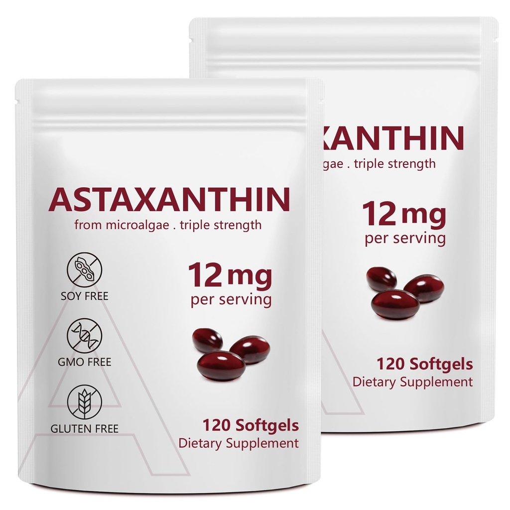 2 Pack Astaxanthin 12mg, Premium Astaxanthin Antioxidant Kosttillskott med antioxidantaktivitet, stöder öga, immun, hudhälsa, inre cirkulation