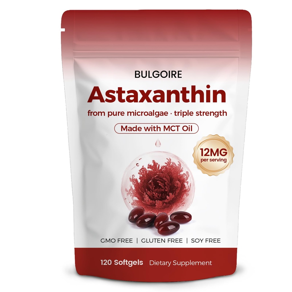 Astaxanthin 12mg med MCT Oil - 120 Softgels, Premium Astaxanthin Organic Supplements, för njurar, ögon och hud, naturlig Microalgae Source, Triple Strength, Non-GMO & Gluten Free (Pack av 1)