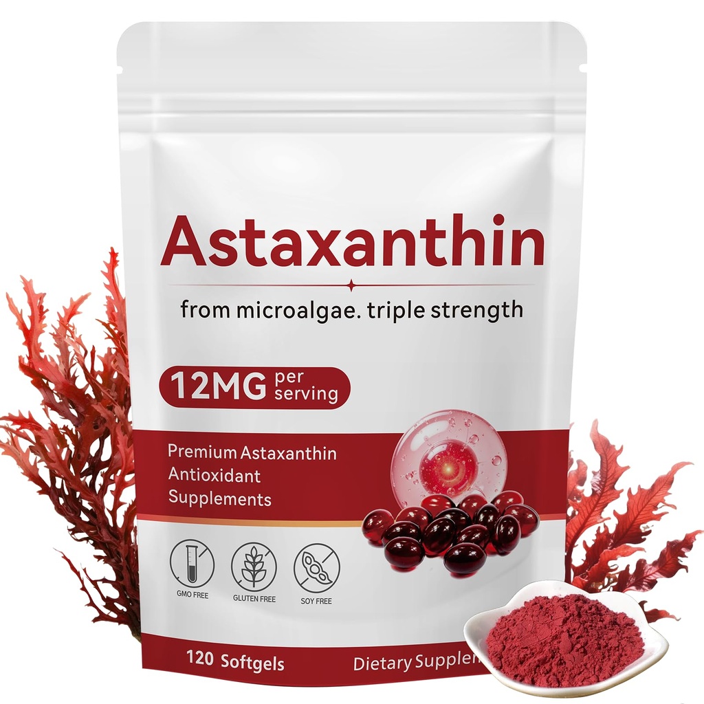 Astaxanthin 12mg, 120 Softgels, Premium Astaxanthin Antioxidant Supplements med antioxidantaktivitet, stöder öga, hudhälsa, immun, inre cirkulation