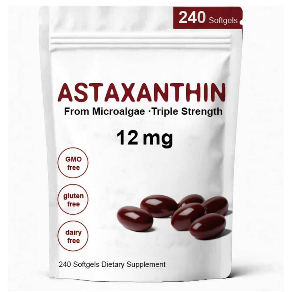 Astaxanthin 12mg, Premium Astaxanthin Antioxidant Kosttillskott med antioxidantaktivitet, stöder öga, immun, hudhälsa, inre cirkulation-240 Softgels