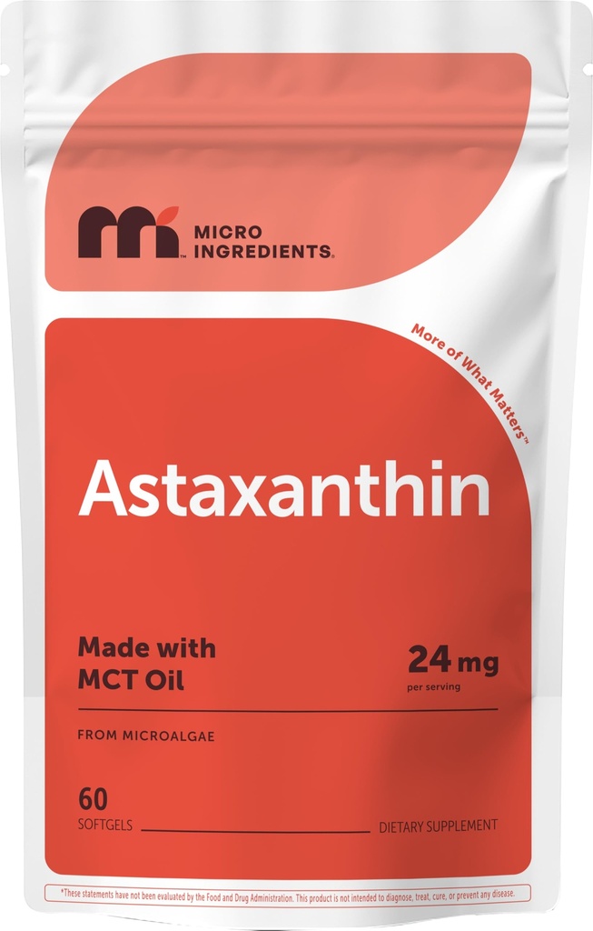 Micro Ingredients Astaxanthin 24mg med MCT Oil, 60 Softgels, 2 Month Supply | Max Strength Astaxanthin Antioxidant Supplements | Fresh Microalgae Source | Non-GMO, Gluten Free, No Soy
