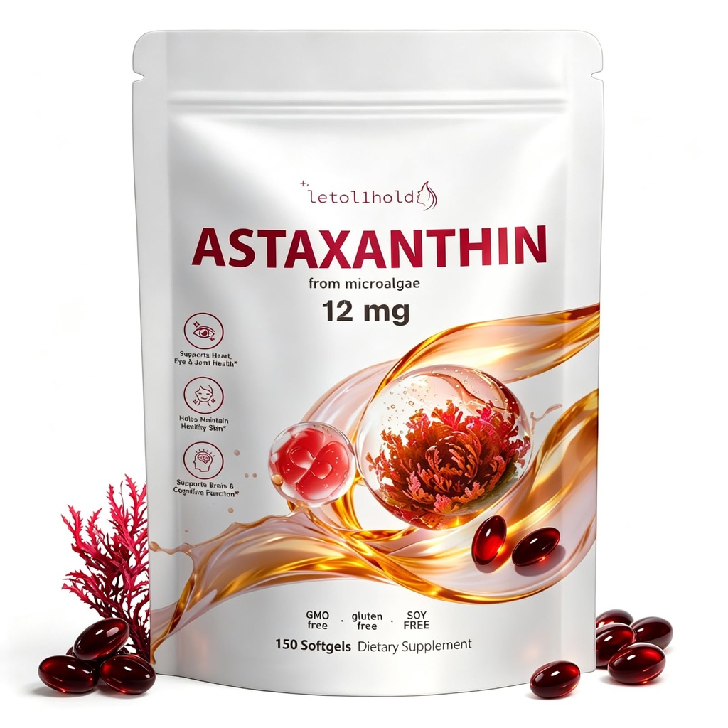 Astaxanthin 12mg, 150 Softgels - 5 Month Supply, Astaxanthin Supplements Sourced from Fresh Microalgae, Non-GMO, Gluten Free, Lätt att Svälja