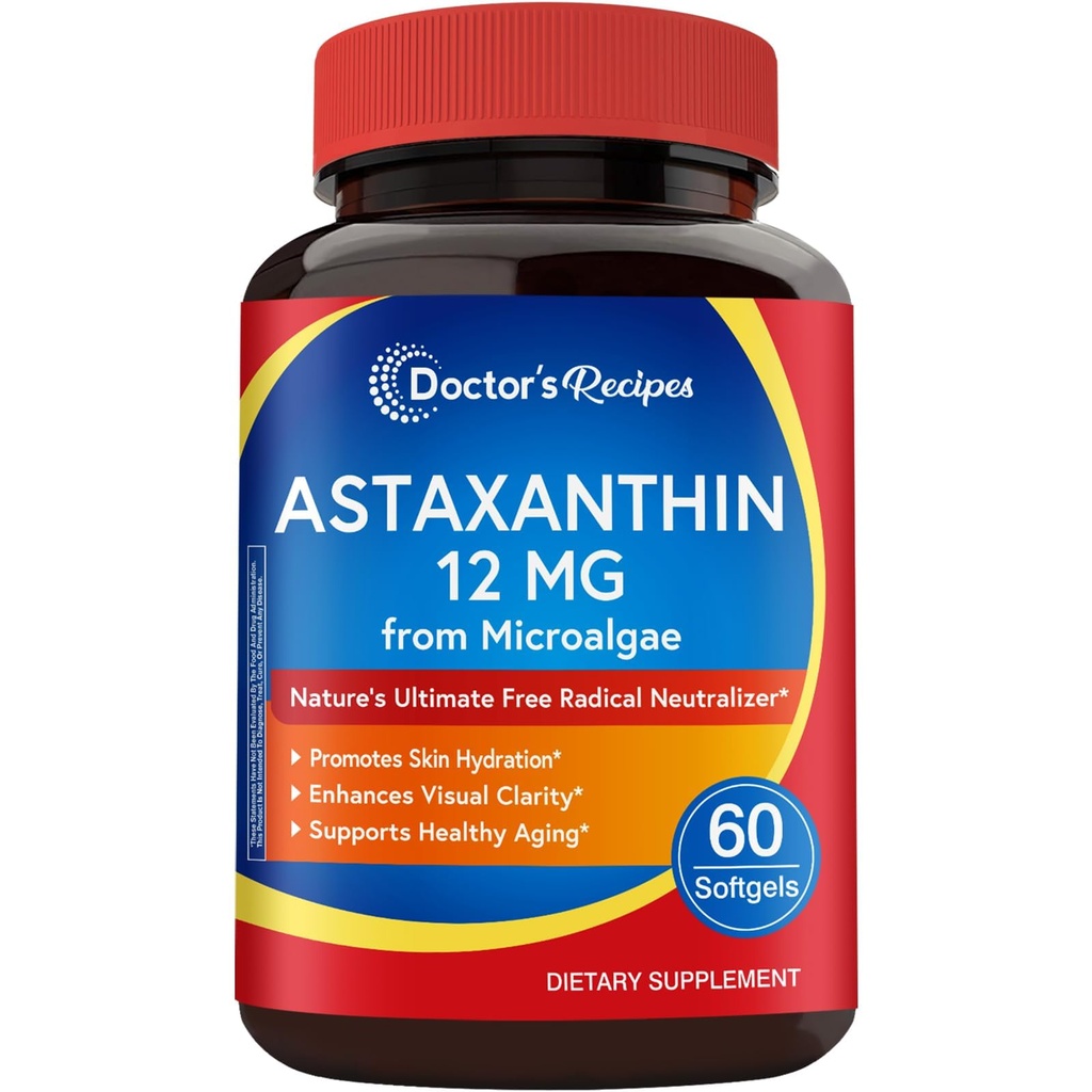 Doktorns recept Astaxanthin 12 mg, från Fresh Premium Microalgae, Max Strength, No Gluten, Non-GMO, stöder hud, ögon, ben och immunsystemhälsa, 60 Softgels