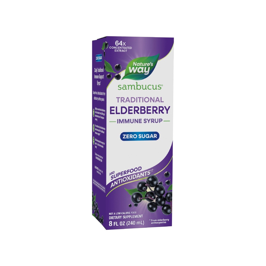 Naturens sätt Sambucus Zero Sugar Traditional Immune Syrup, högt koncentrerad Black Elderberry Extract, traditionell Immune Support *, Sugar-Free, Berry Flavored, 8 Fl Oz (Packaging May Vary)