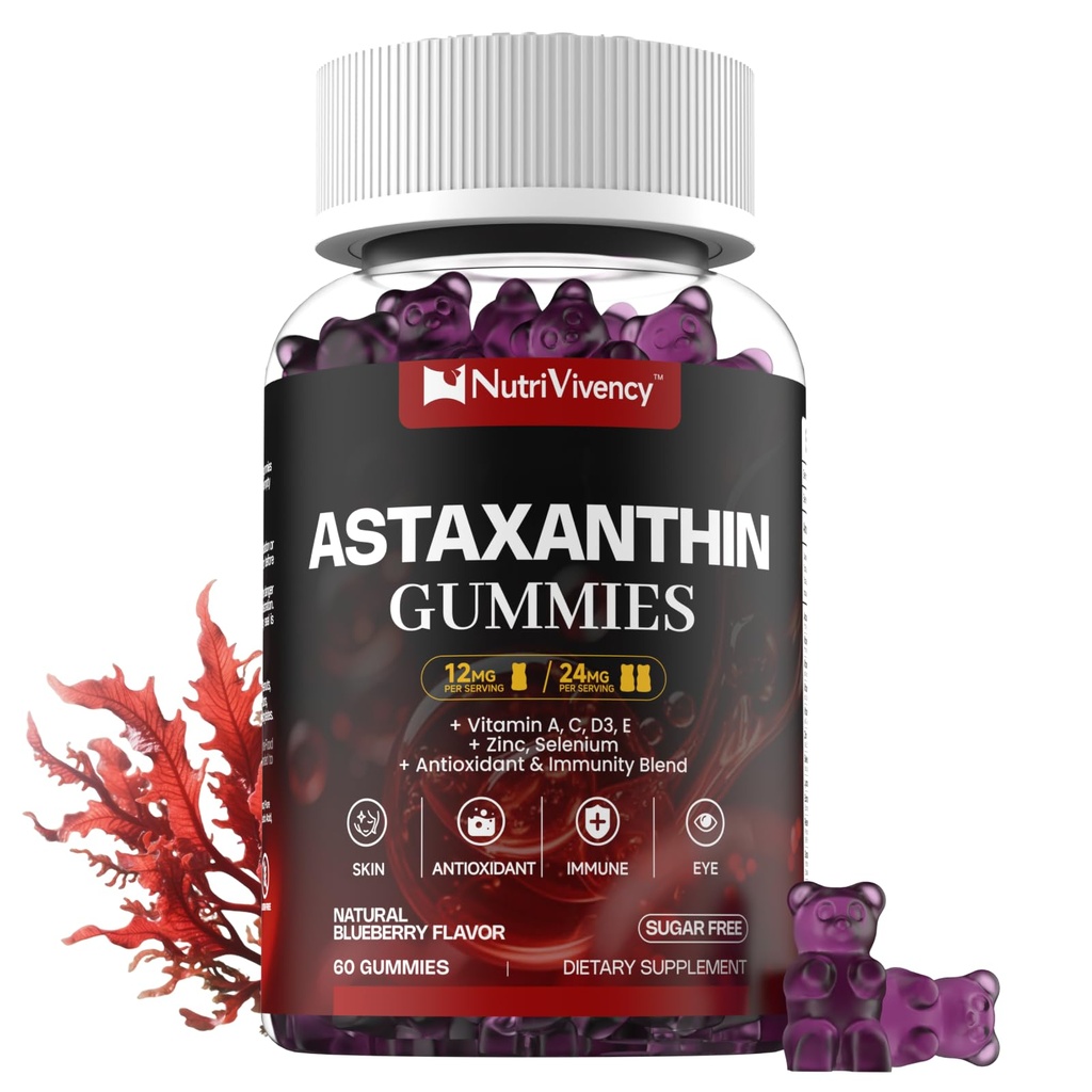Astaxanthin Gummies, 12mg Per Gummy 24mg Max, Astaxanthin Supplements with Vitamin A/C/D/E, Resveratrol, 14-IN-1 Antioxidanter Blend for Women Men, Skin, Eyes, Immune Support, Sugar Free, Vegan, 60 Ct