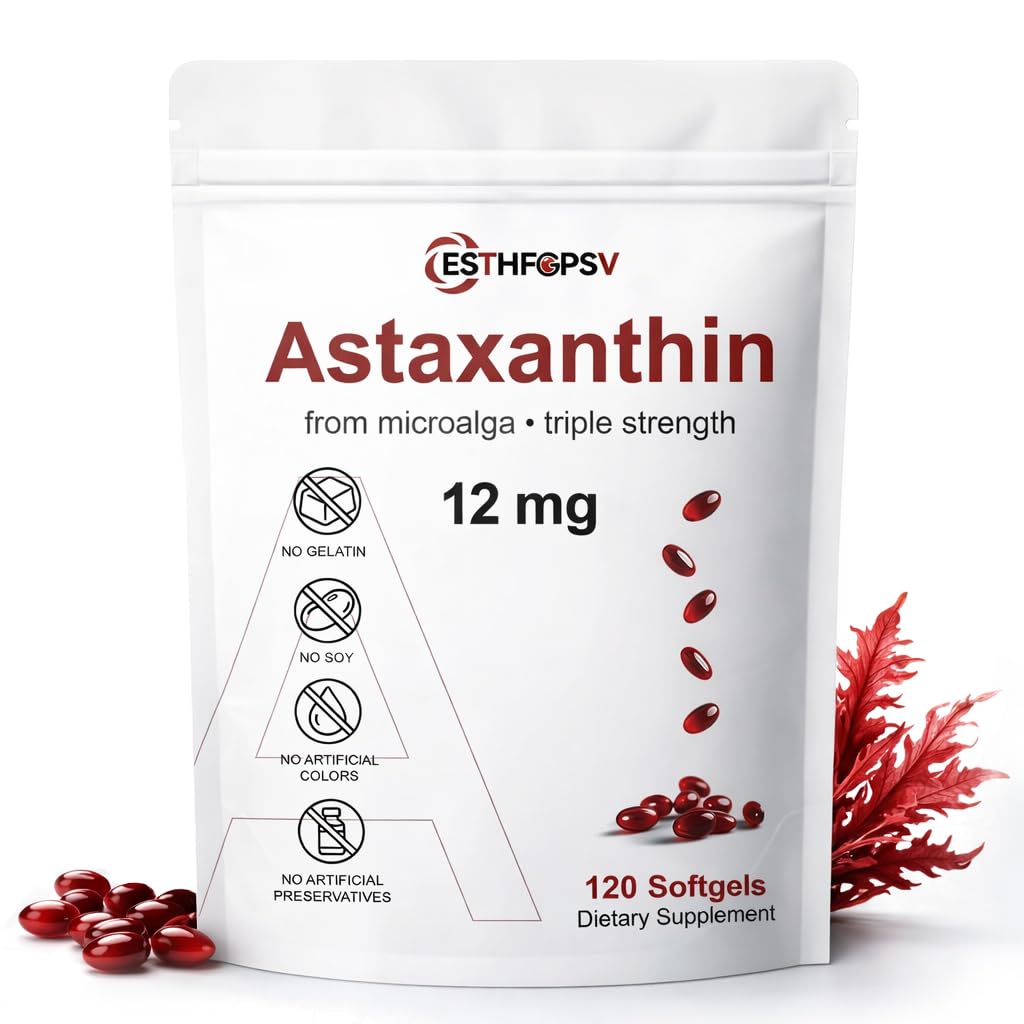 Premium Astaxanthin 12mg Antioxidant Supplement med vitamin E - 120 Softgels, 4 månaders leverans, Microalgae Source, stöder hud, ögon och gemensam hälsa, icke-GMO, Gluten & Soy Free