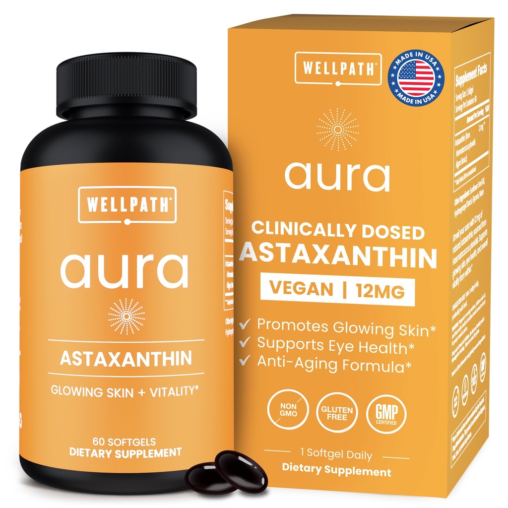 WellPath Astaxanthin 12mg Softgets | Vegan Astaxanthin Supplements from Microalgae | Antioxidanter för hudhydration, elasticitet och ögonhälsa | Icke-GMO, Made in USA, 2 månaders leverans