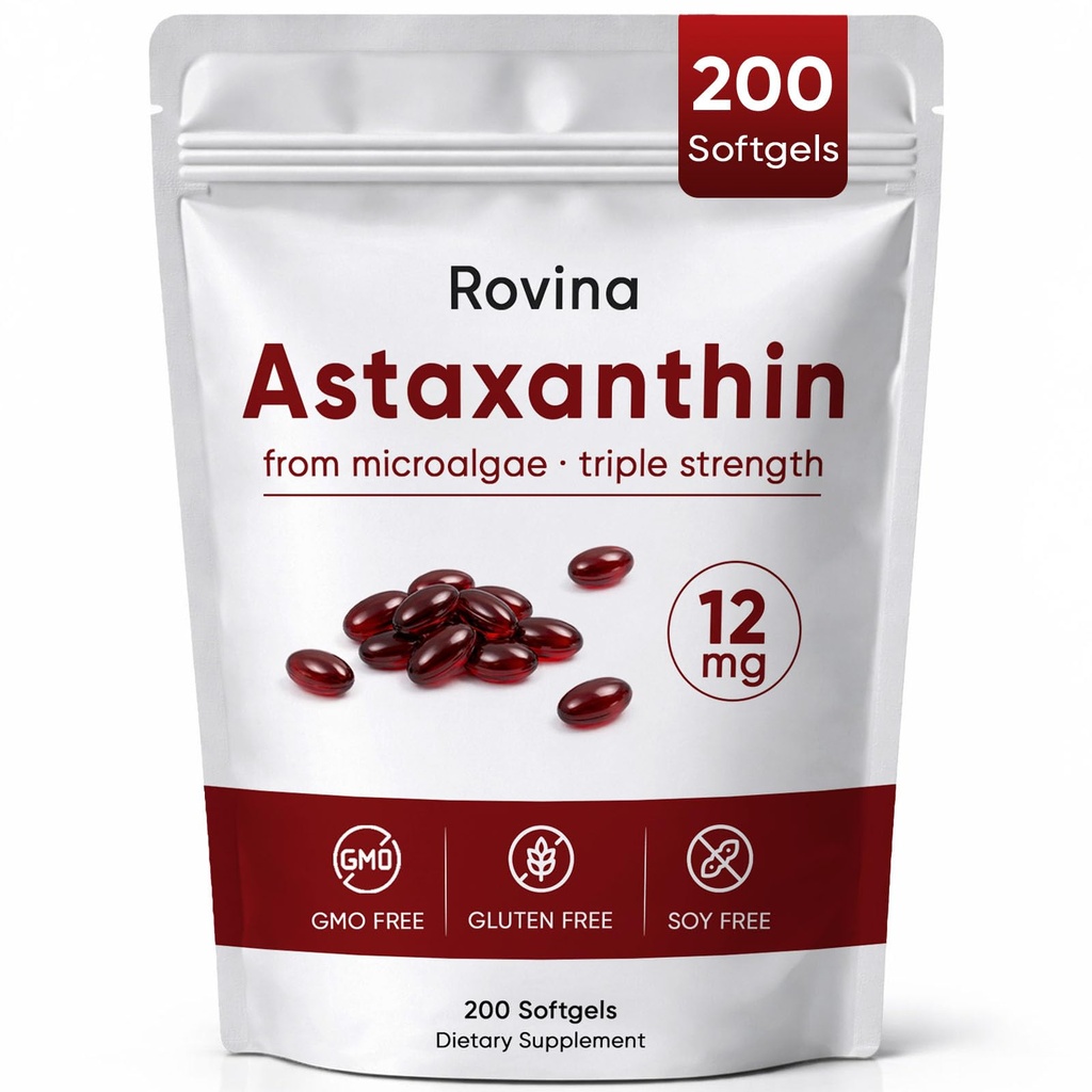 Rovina Astaxanthin 12mg Softgels, Antioxidant Supplement for Daily Wellness, Immune, Eye & Skin Support, Joint, Internal Circulation, Non-GMO, Gluten Free - 200 Softgels (1)