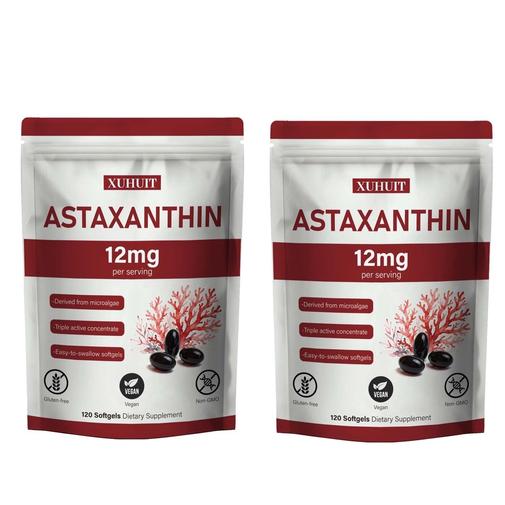 Astaxanthin 12mg Softgels | Natural Algae-Derived Botanical Extract (Haematocococcus pluvialis) | Easy Swallow, Non-GMO, 120 greve per väska (2)