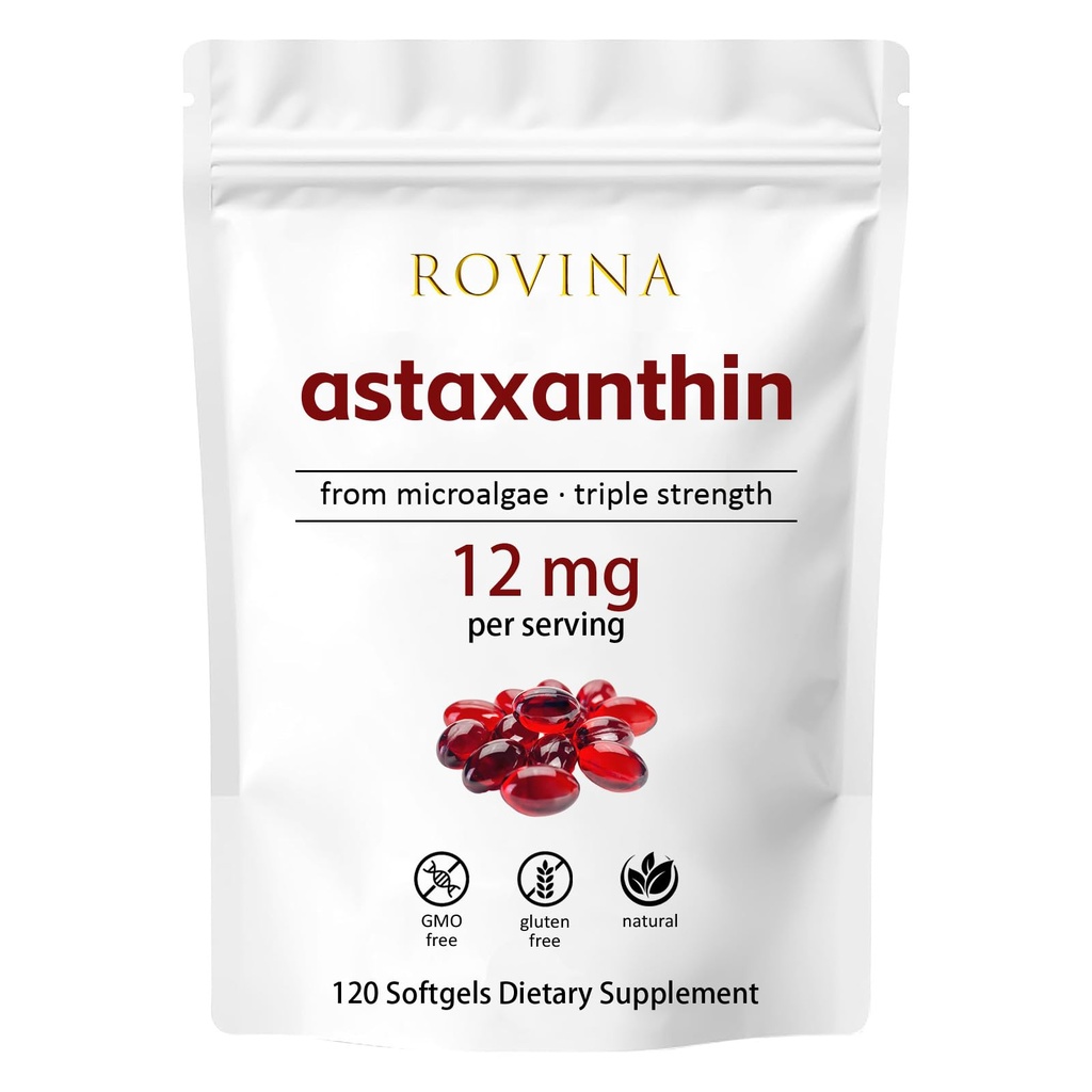 Rovina Astaxanthin 12mg Softgels • Kraftfull naturlig antioxidant för att stödja ögonkomfort, hud vitalitet och immunhälsa • Glutenfri • 120 grader