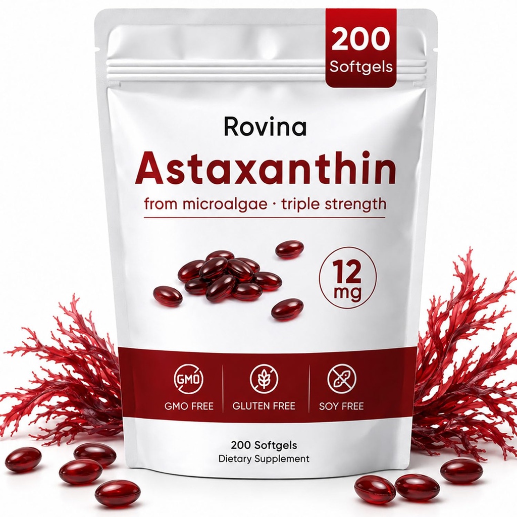 ROVINA Astaxanthin 12mg Softgels, Antioxidant Supplement Supports Eye, Skin, Immune, Joint, Intern Circulation, Non-GMO & Gluten Free - 200 Softgels