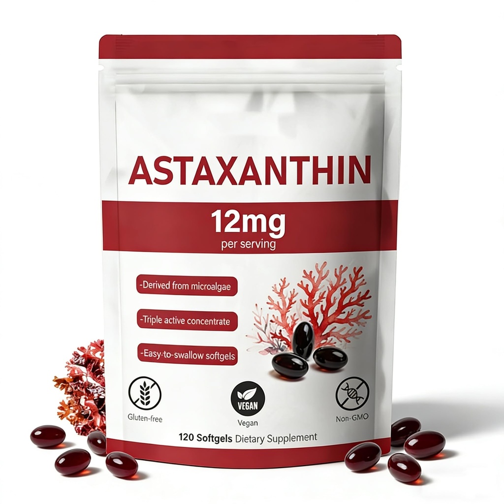 Premium Astaxanthin 12mg, Natural Antioxidant Supplement,Färsk Microalgae Source,Non-GMO & No Gluten,12mg -120 Softgels,4-Month Supply