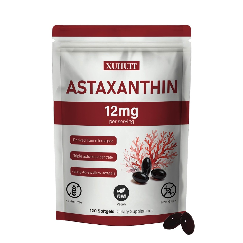 Astaxanthin Supplement 12mg, 120 Softgels | Premium Natural Astaxanthin Antioxidant från Microalgae | Hög styrka, icke-GMO, Gluten och Soja Fri Formel (1)