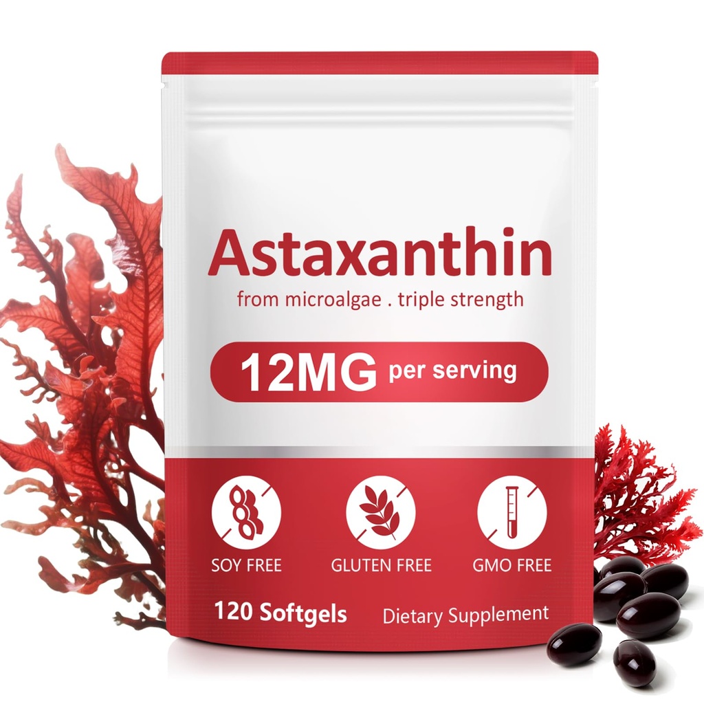 Astaxanthin Supplements,12mg Astaxanthin Natural Anti-Aging Formel - Stöder ögon, gemensamma, inre cirkulation och hudhälsa, icke-GMO Non-Gluten