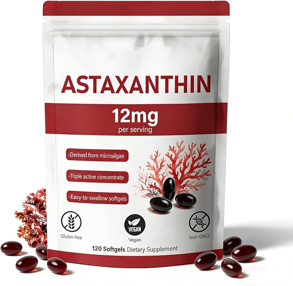 Astaxanthin 12mg, 120 Softgels, Natural Microalgae Source, Non-GMO Gluten-Free, 4 månaders leverans