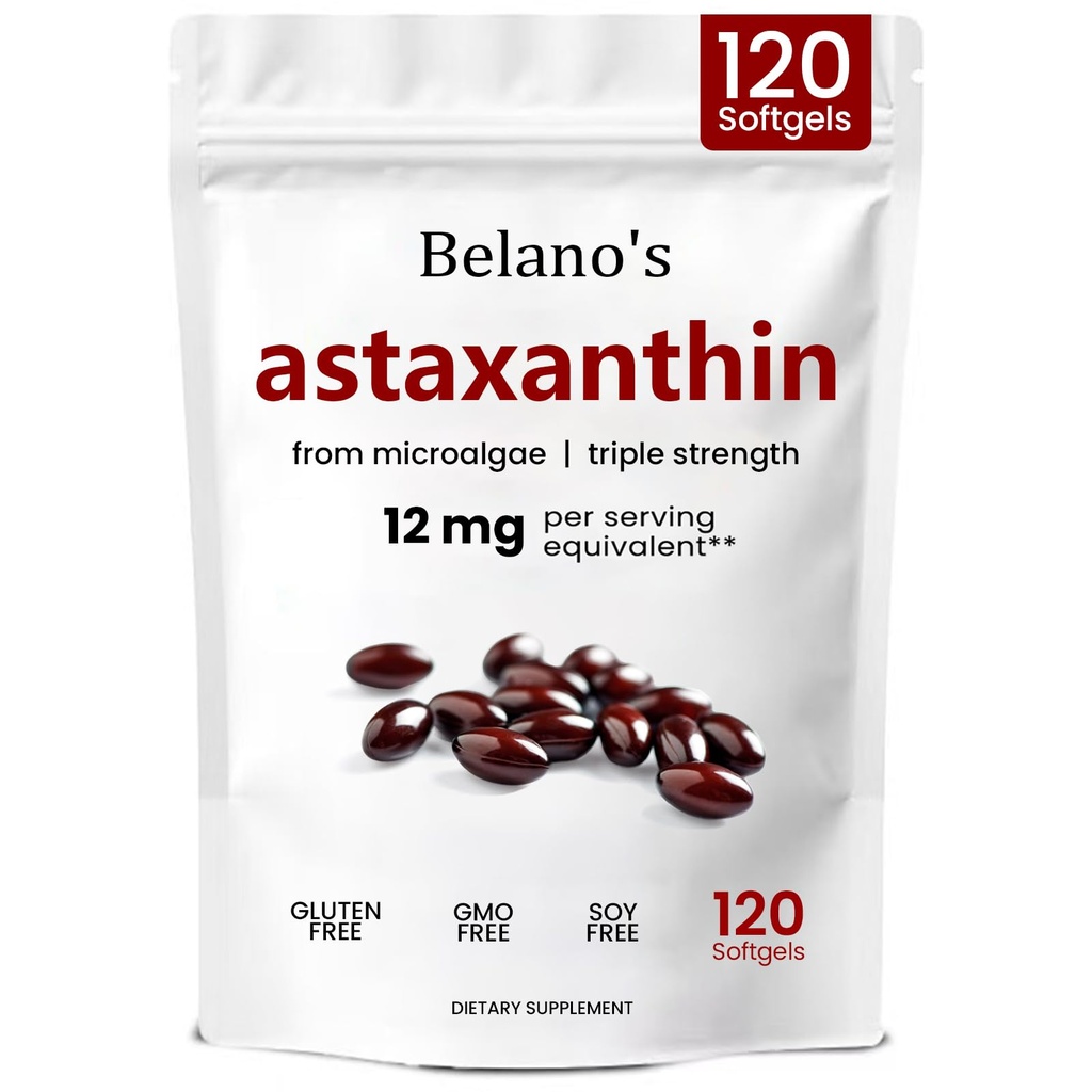 Belanos Astaxanthin 12mg, Astaxanthin Softgels, Premium Astaxanthin Antioxidant Supplement | Health & Energy Support, Non-GMO, Vegan- Friendly & Gluten-Free - 120 Softgels (1 Bag)