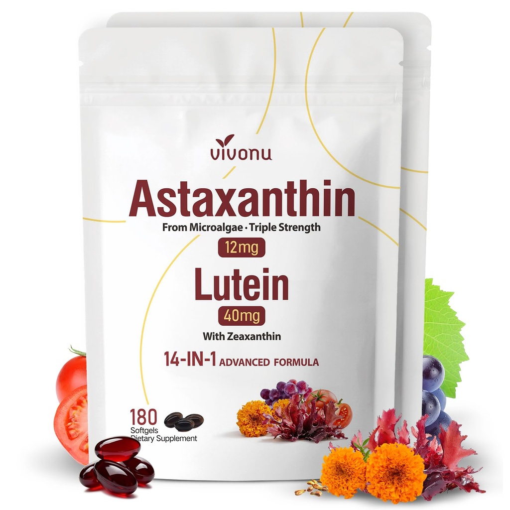 14-i-1 Astaxanthin 12mg & Lutein 40mg med Zeaxanthin Supplements, 12 Month Supply, Fresh Microalgae Source, Supports Eye, Skin, Antioxidant, Joint, Circulatory Health, Non-GMO, Gluten Free, 2 Bag