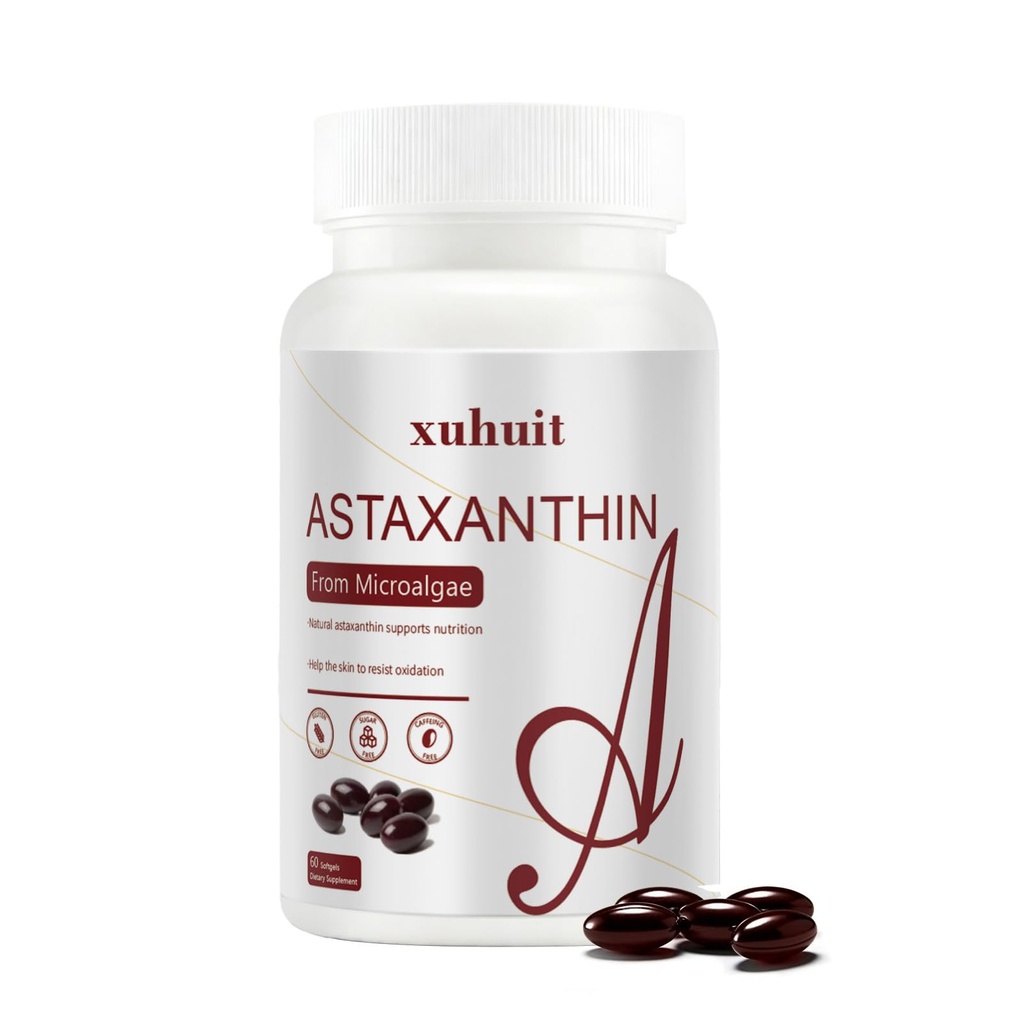 Astaxanthin 12mg 60 Softgels, Natural Antioxidant Supplement från Microalgae, Non-GMO, Soy Free, stöder hudhälsa, lätt att svälja Softgels, 2 månaders leverans (1)