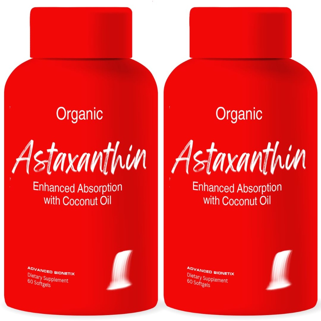 Avancerad Bionetix 2 Pack Triple Strength AstaQuilTM Astaxanthin 12mg High Bioavailability Formel, 120 Softgels Organic Coconut Oil för förbättrad Absorption. Kraftfull Antioxidant Eye Joint Heart Health