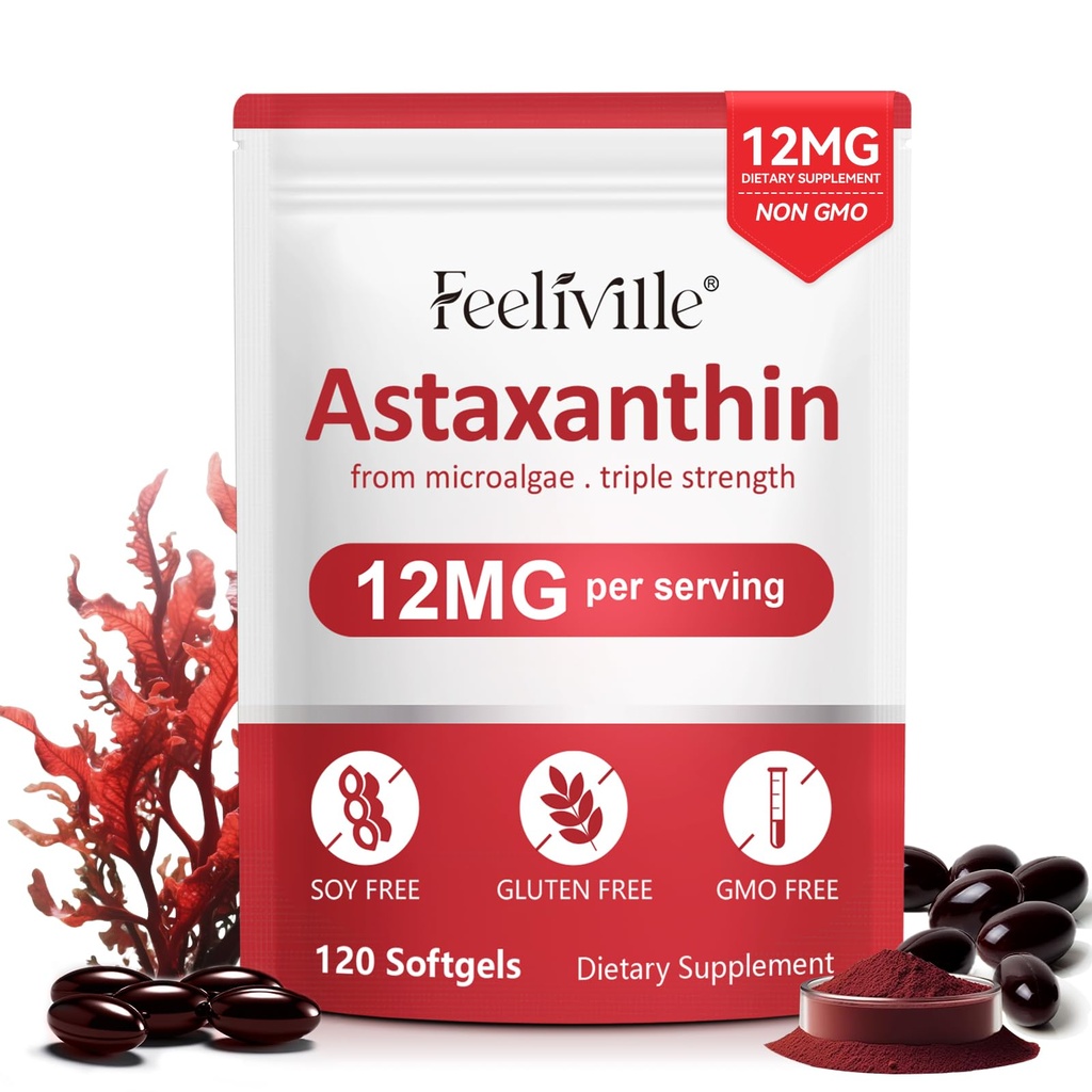 Astaxanthin Supplements, Premium Astaxanthin 12mg Antioxidant med antioxidantaktivitet, stöder öga, gemensam, immun, hudhälsa, inre cirkulation, 1Pack (120 Softgels), icke-GMO & Ingen Gluten