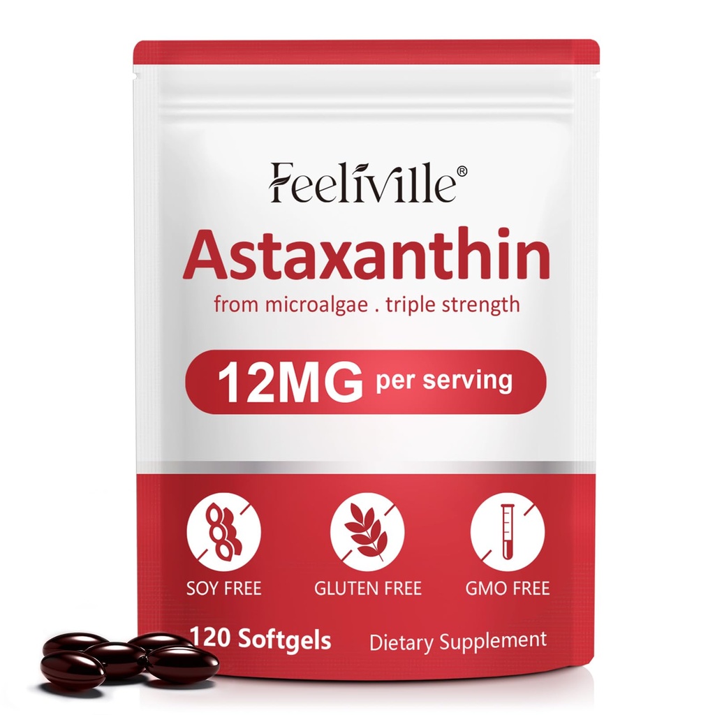Astaxanthin Supplements, Astaxanthin 12mg, 120 Softgels Antioxidant Astaxantina Supplement for Eye, Skin, Joint & Immune Health, stöder inre cirkulation och hjärthälsa, icke-GMO & Ingen Gluten