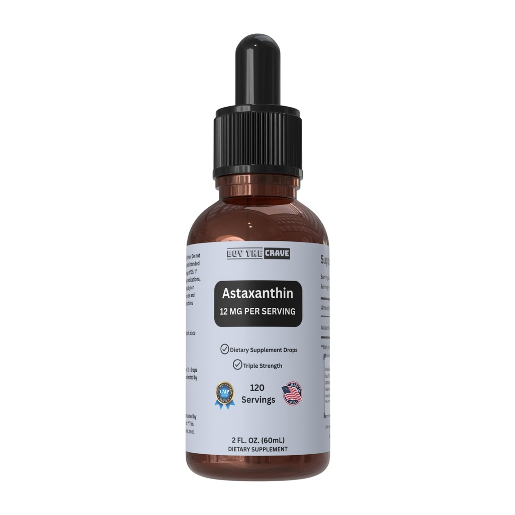 Astaxanthin flytande droppar infunderas med kallpressad extra jungfruolja - 12 mg per portion - naturlig antioxidant stöd - 2 fl oz Dropper flaska - Vegan, icke-GMO