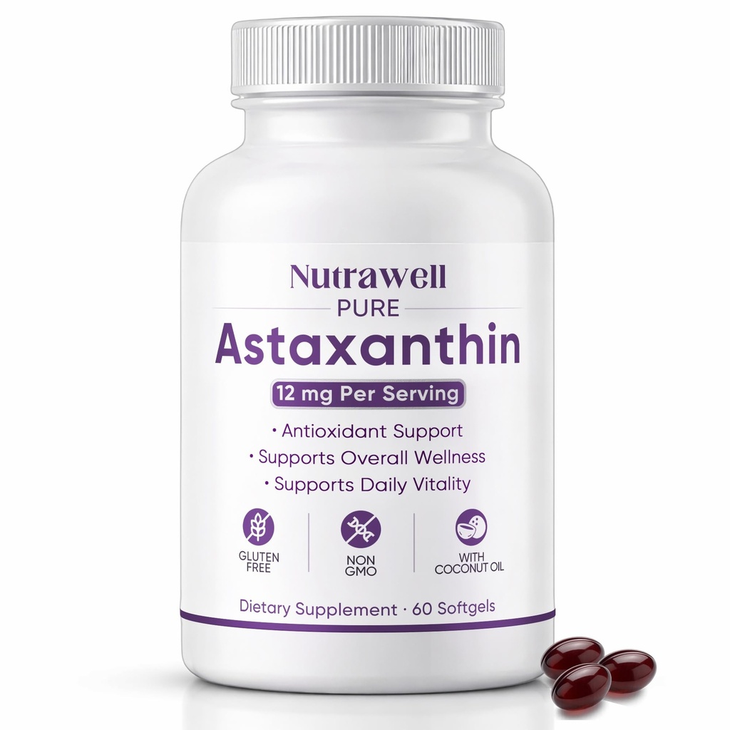 NutraWell Astaxanthin 12mg, med Coconut Oil, Antioxidant Support Supplement, Non-GMO, Gluten Free, 60 Softgels