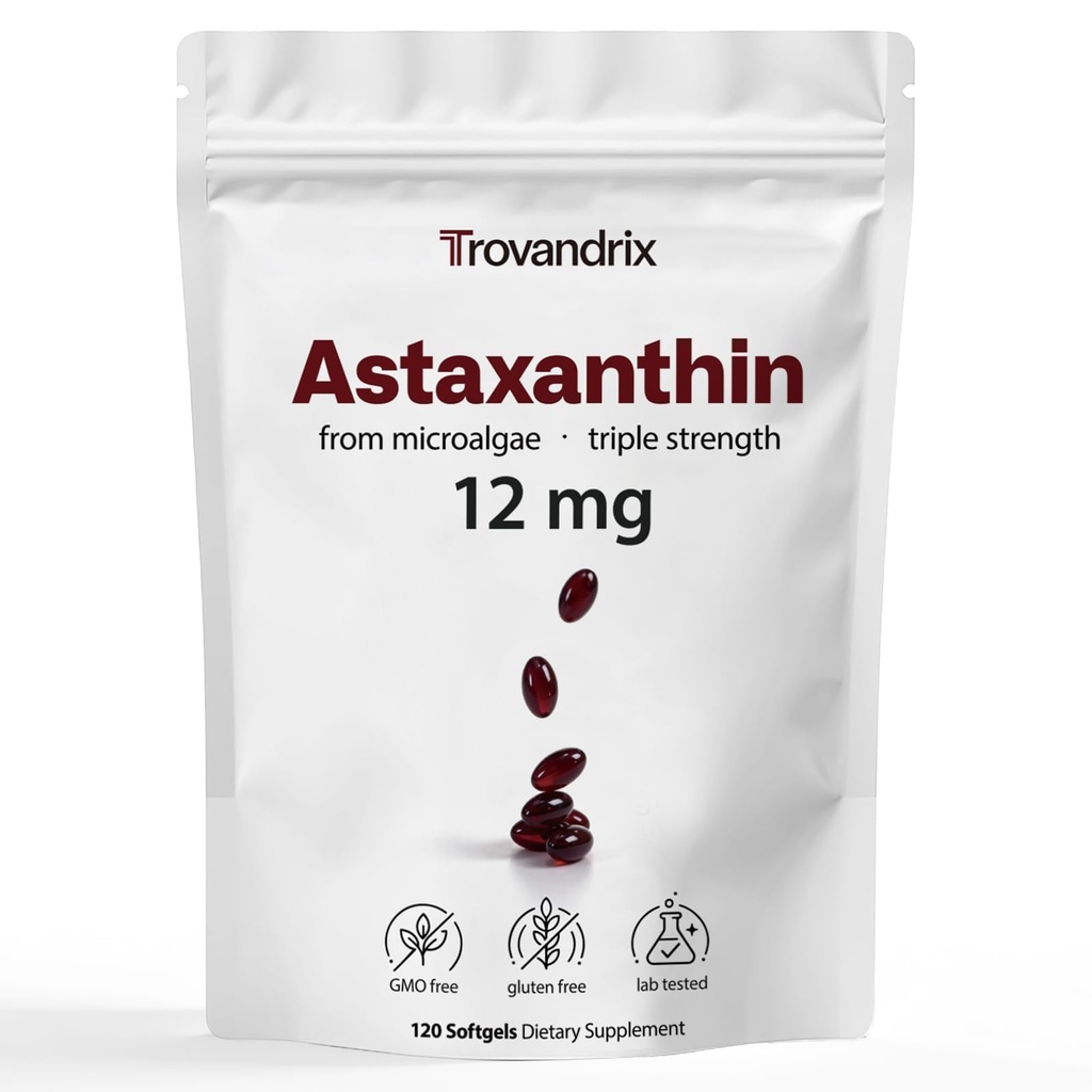 Astaxanthin Supplement med 12mg Haematococcus Pluvialis Softgels - High Potency Antioxidant Support for Eye, Immune & Skin Health, Algae Based Formel, 120 Softgels (4-månaders Supply)