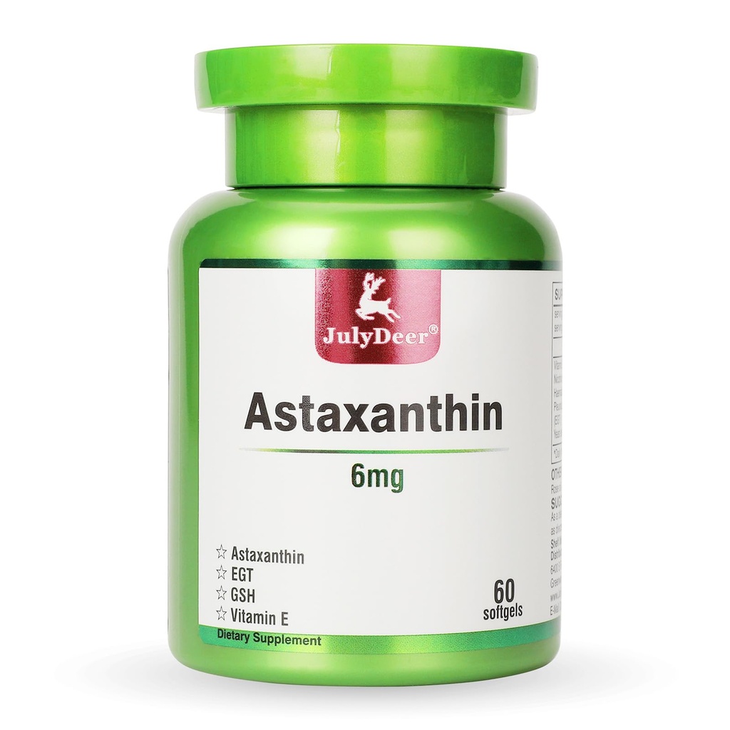 JuliDeer Astaxanthin 6 mg Per Servering, 60 Softgels - Double Strength Microalgae - Natural Haematococcus Pluvialis Source - Antioxidant Supplements for Skin, Eyes, Joints, & Immune Support - Non-GMO