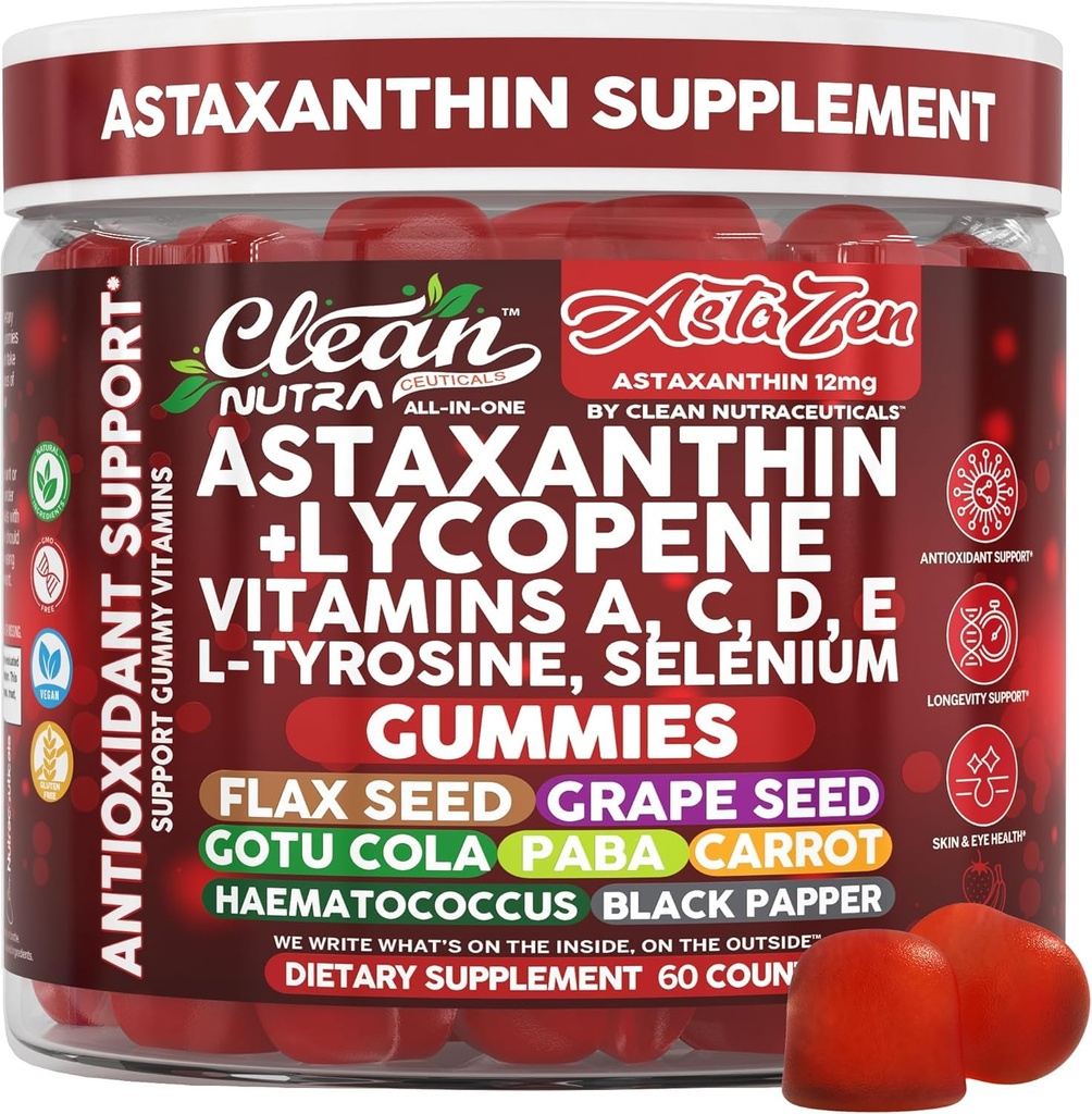 Rena Nutraceuticals AstaZen Astaxanthin Gummies 12mg - med Lycopene, vitamin A C D E, L-Tyrosine & Selenium - Antioxidant Support Gummies - 60 Count