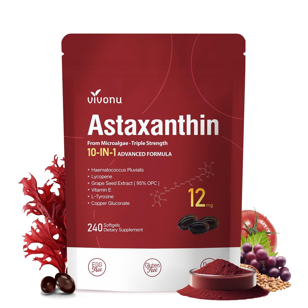 VivoNu Astaxanthin 12mg Supplements, 240 Softgels, Fresh Haematococcus Pluvialis 10 i 1 Astaxanthin Antioxidant Supplements, Supports Eye, Skin, Joint, Brain, Heart & Immune System Health
