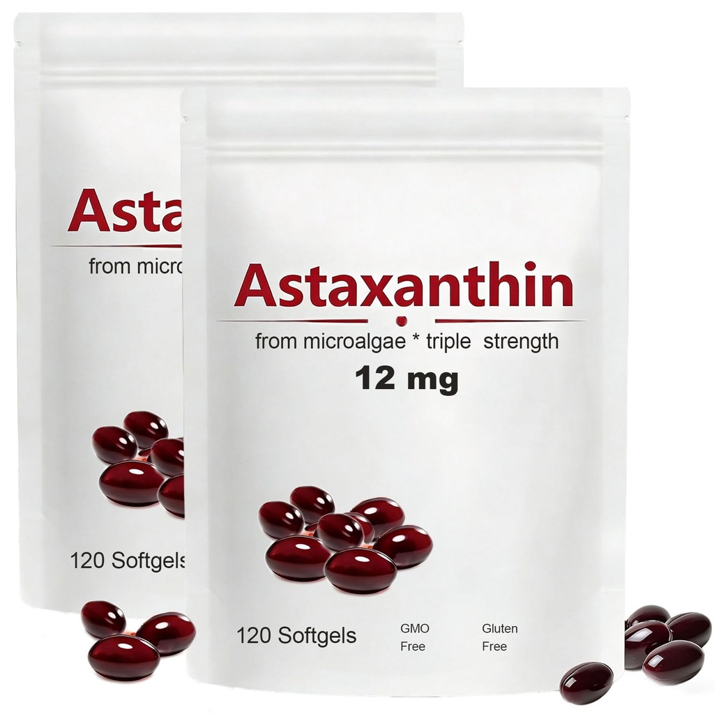 2pack Astaxanthin 12mg, 120 Softgels, Max Strength Antioxidant med kokosolja, naturlig formel, hög absorption för ögon- och hudstöd, naturlig formel, icke-GMO, Glutenfri