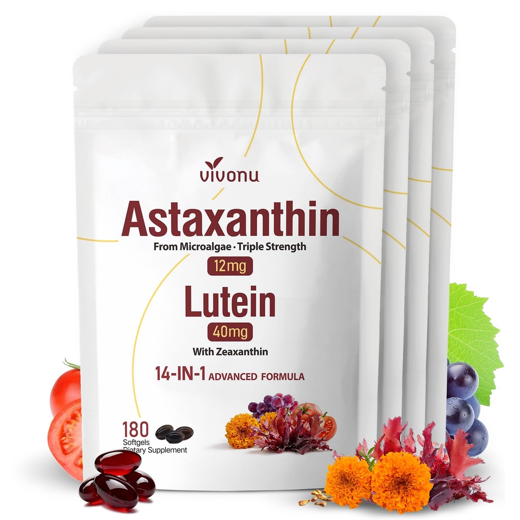14-i-1 Astaxanthin 12mg & Lutein 40mg med Zeaxanthin Supplements, 24 Month Supply, Fresh Microalgae Source, Supports Eye, Skin, Antioxidant, Joint, Circulatory Health, Non-GMO, Gluten Free, 4 Bag
