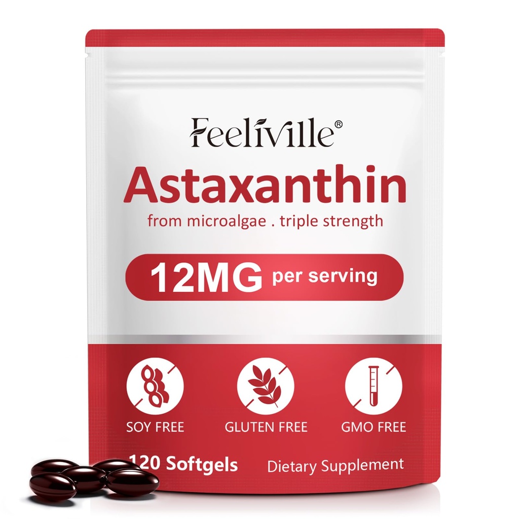 Astaxanthin 12mg (120 Softgels) - Premium Astaxanthin Antioxidant Supplements - Stöder Eye, Intern Circulation, Immune & Skin Health - Fresh Microalgae Source - Non-GMO & No Gluten